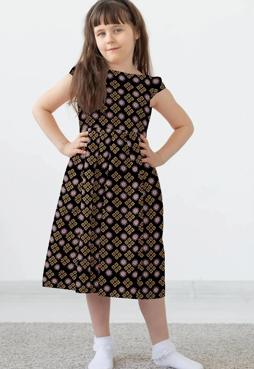 Block Printed Rayon Dress in Black