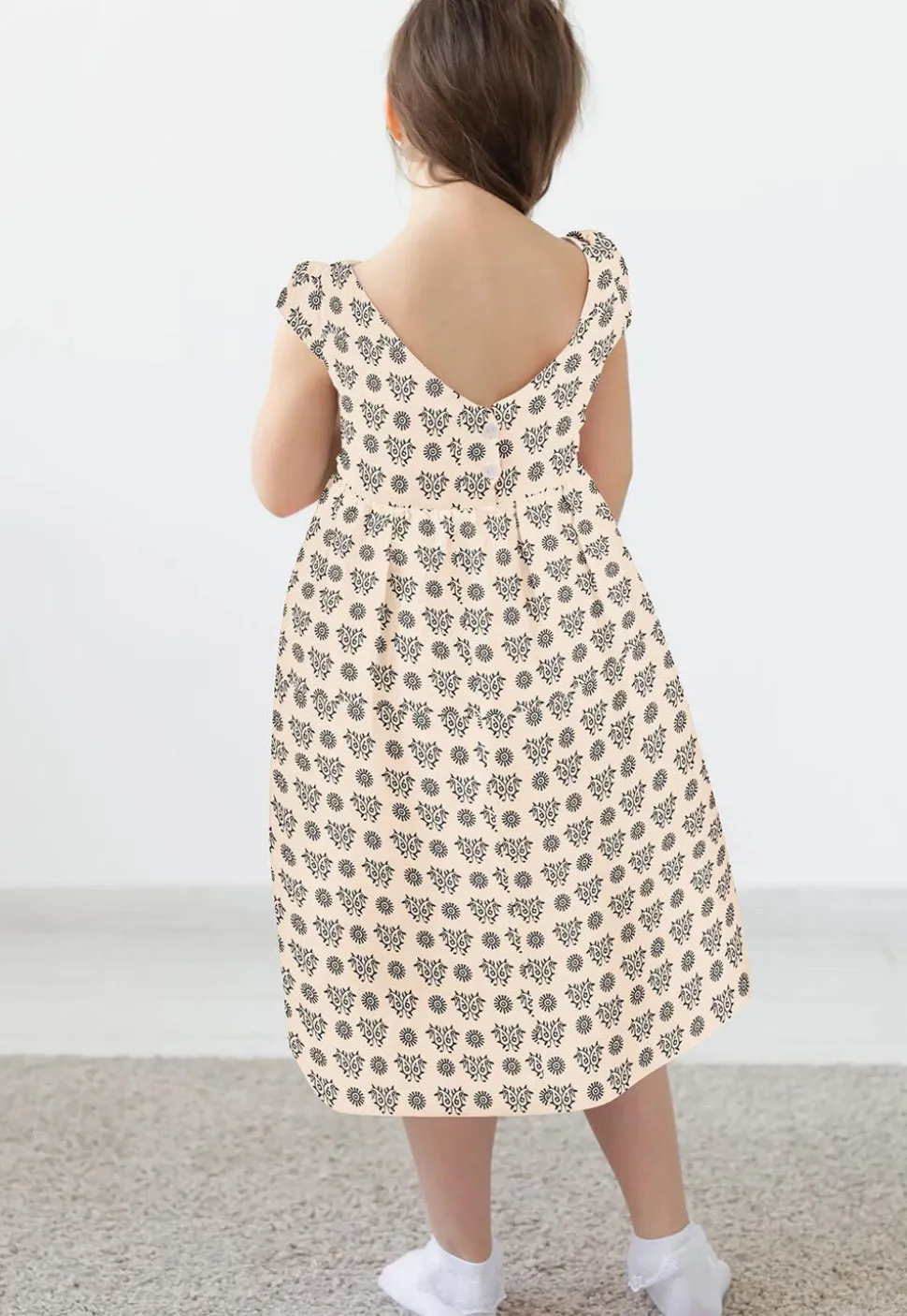 Block Printed Rayon Dress in Light Beige