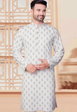 Block Printed Rayon Kurta in Off White