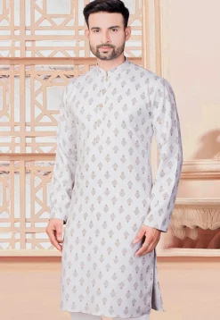 Block Printed Rayon Kurta in Off White