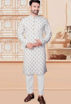 Block Printed Rayon Kurta in Off White