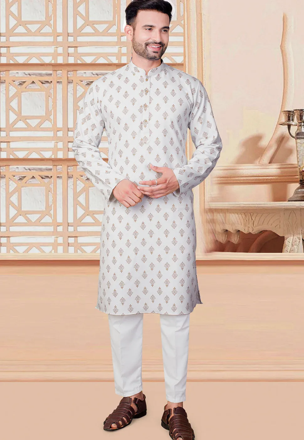 Block Printed Rayon Kurta in Off White