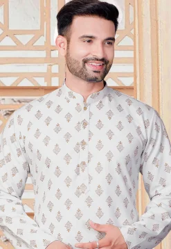 Block Printed Rayon Kurta in Off White