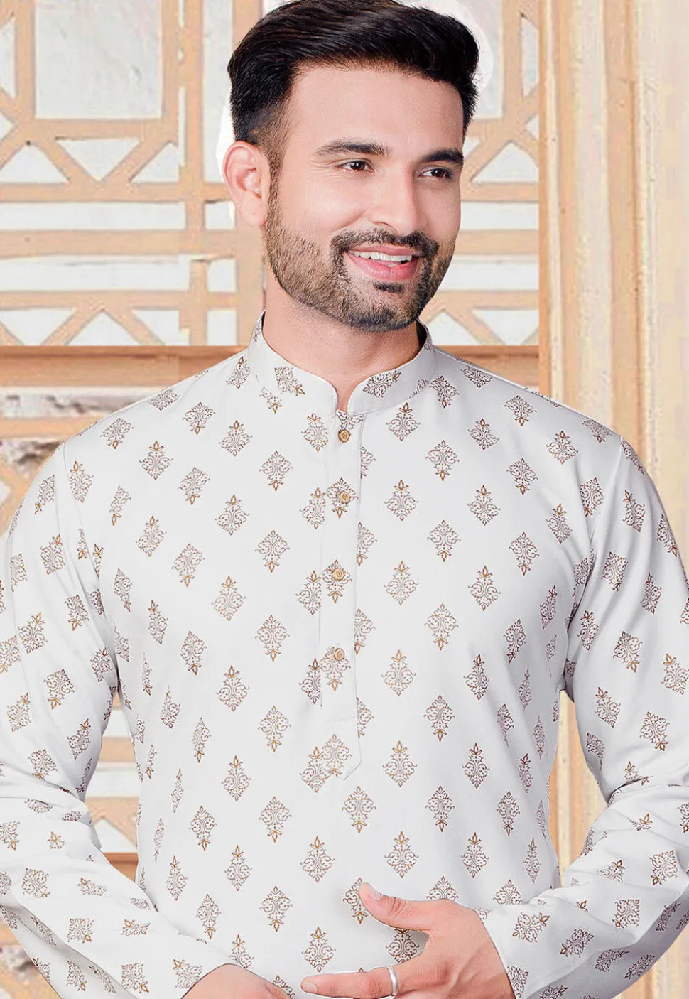 Block Printed Rayon Kurta in Off White