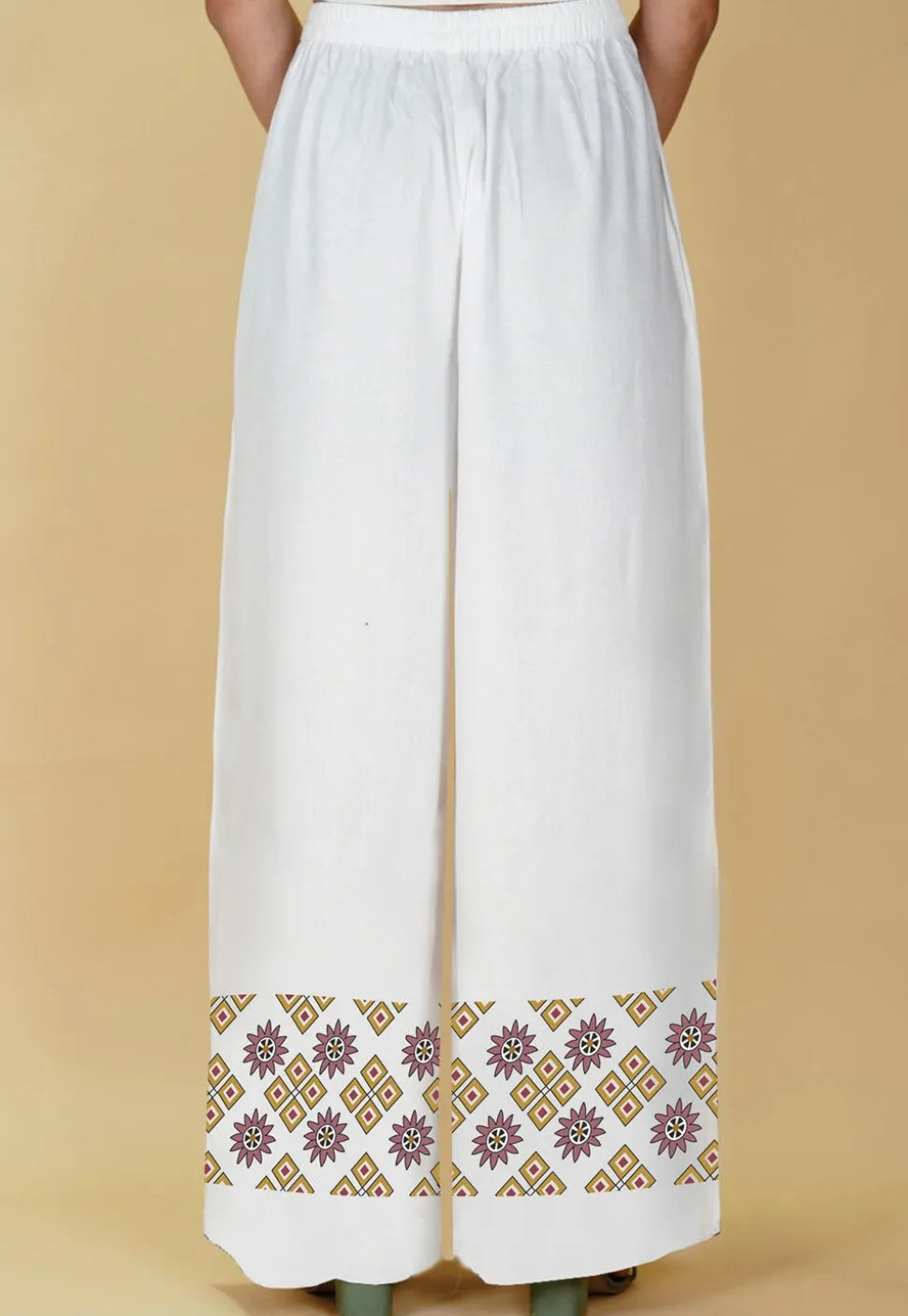 Block Printed Rayon Palazzo in Off White