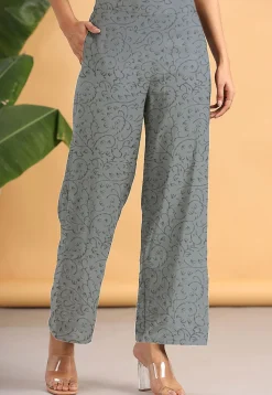 Block Printed Rayon Palazzo in Grey