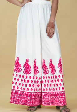 Block Printed Rayon Palazzo in White