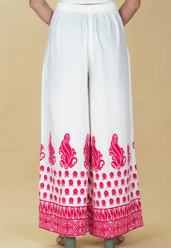 Block Printed Rayon Palazzo in White