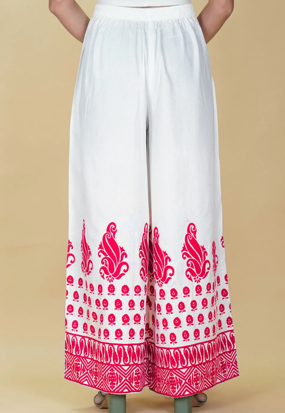 Block Printed Rayon Palazzo in White