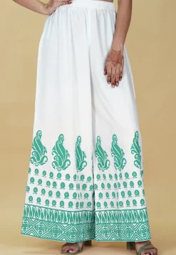 Block Printed Rayon Palazzo in White