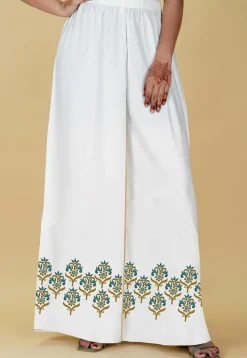 Block Printed Rayon Palazzo in Off White