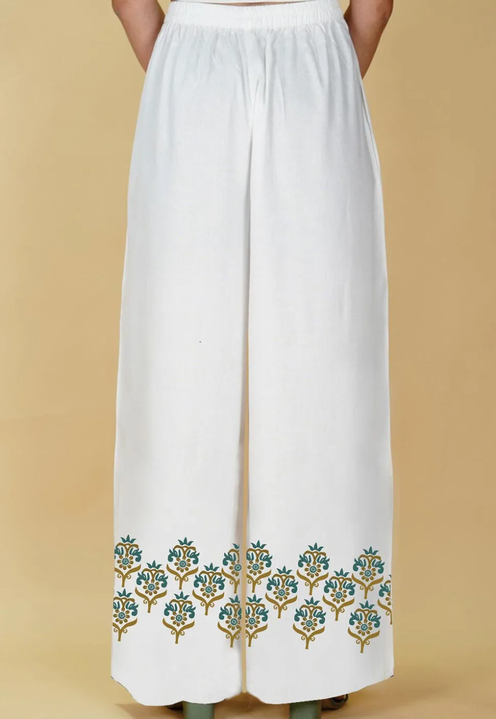 Block Printed Rayon Palazzo in Off White