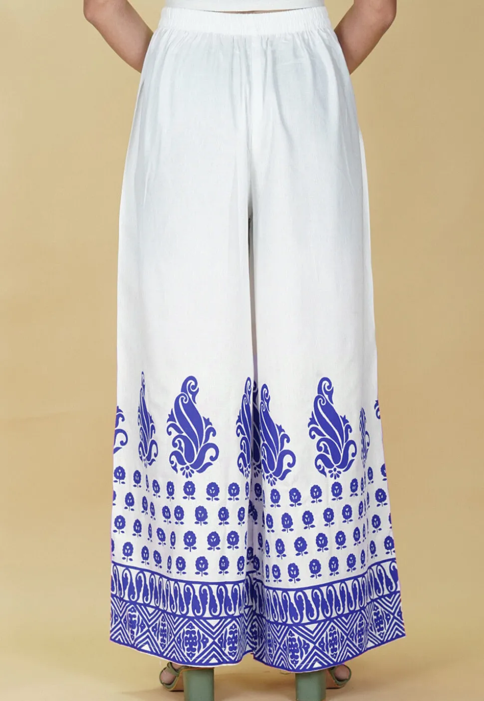 Block Printed Rayon Palazzo in White