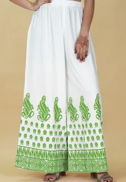 Block Printed Rayon Palazzo in White