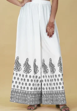 Block Printed Rayon Palazzo in White