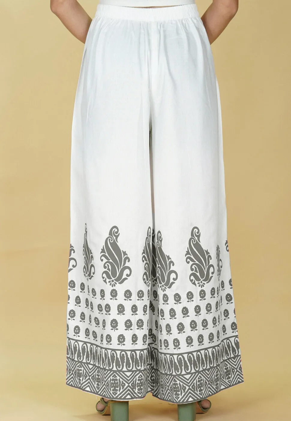 Block Printed Rayon Palazzo in White