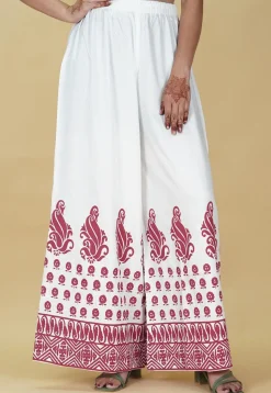 Block Printed Rayon Palazzo in Off White