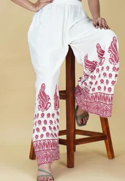 Block Printed Rayon Palazzo in Off White