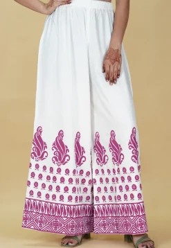 Block Printed Rayon Palazzo in White