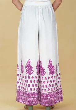 Block Printed Rayon Palazzo in White
