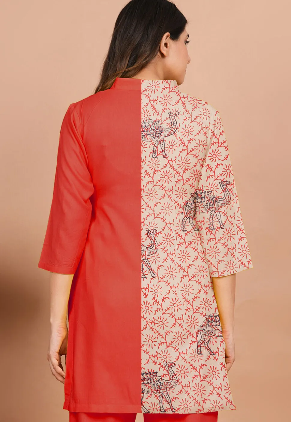 Block Printed Rayon Tunic in Red and Beige