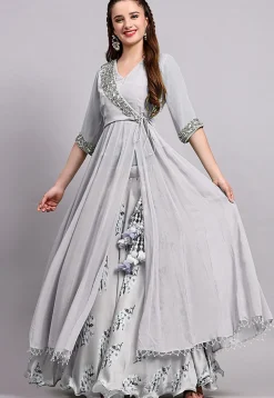 Block Printed Satin Georgette Lehenga in Light Grey