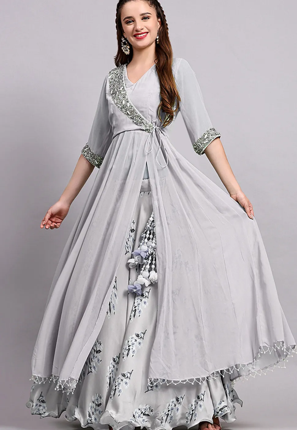 Block Printed Satin Georgette Lehenga in Light Grey