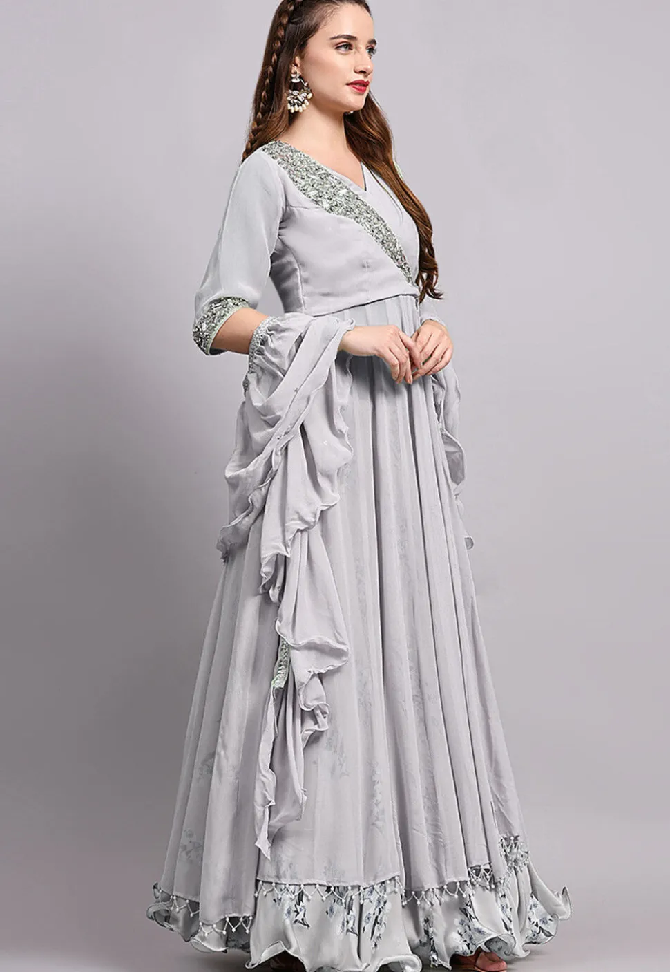 Block Printed Satin Georgette Lehenga in Light Grey