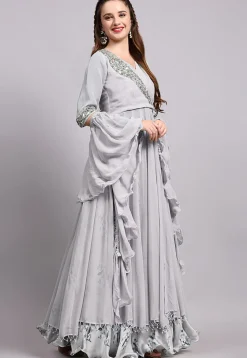 Block Printed Satin Georgette Lehenga in Light Grey