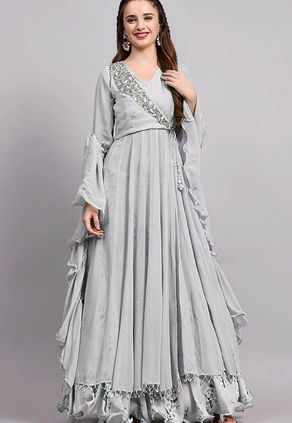 Block Printed Satin Georgette Lehenga in Light Grey