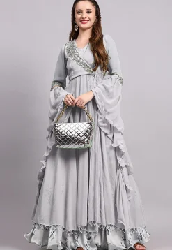 Block Printed Satin Georgette Lehenga in Light Grey
