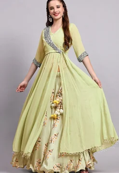 Block Printed Satin Georgette Lehenga in Light Green