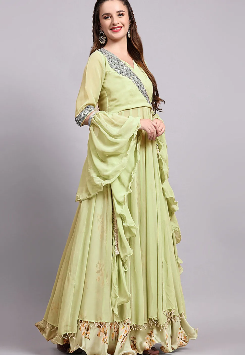 Block Printed Satin Georgette Lehenga in Light Green