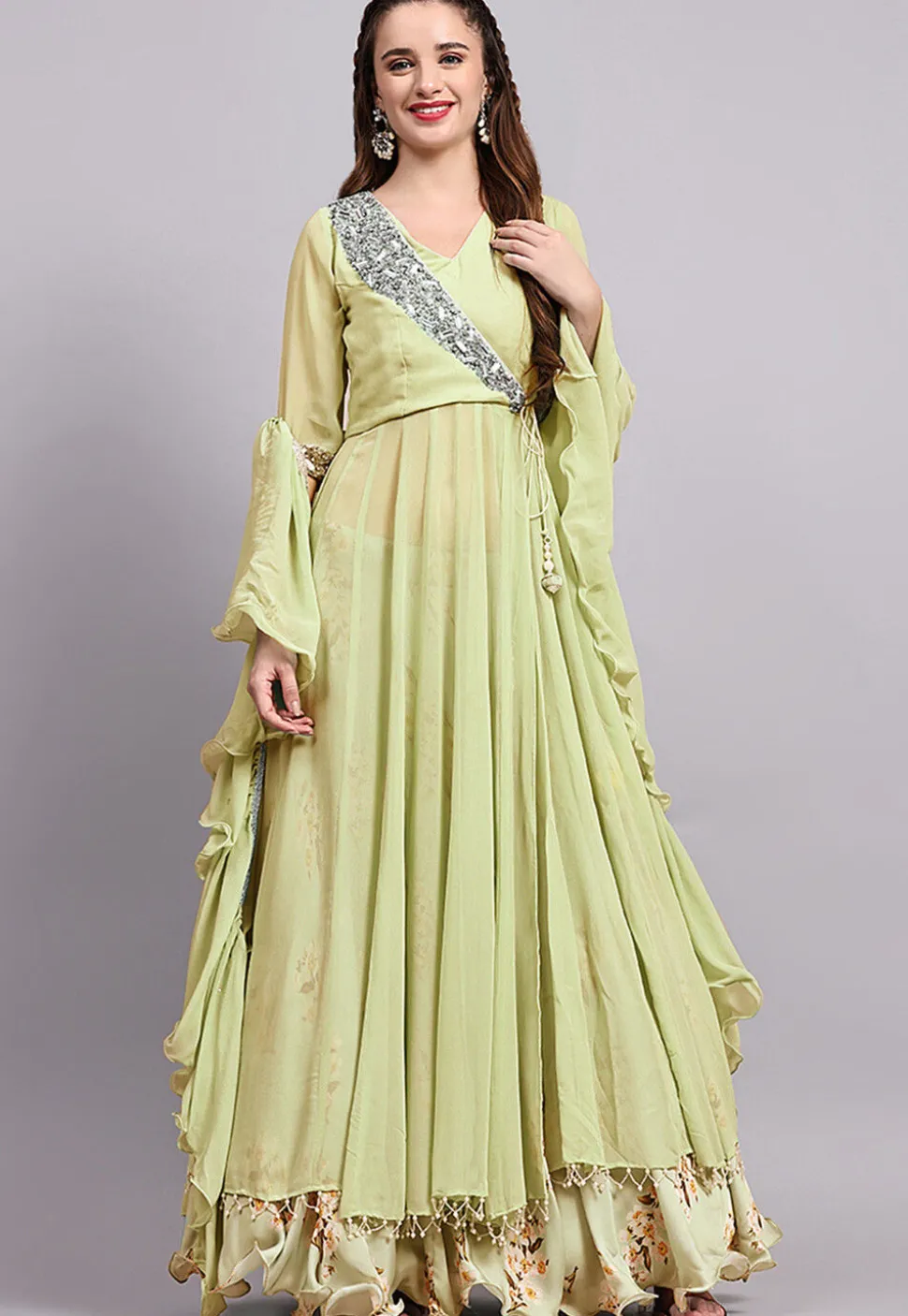 Block Printed Satin Georgette Lehenga in Light Green