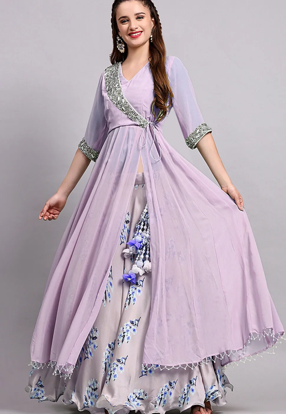Block Printed Satin Georgette Lehenga in Light Purple