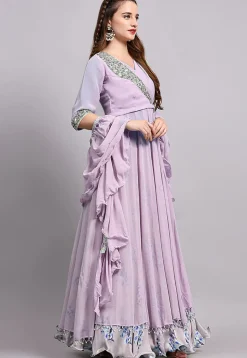 Block Printed Satin Georgette Lehenga in Light Purple