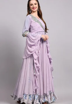 Block Printed Satin Georgette Lehenga in Light Purple