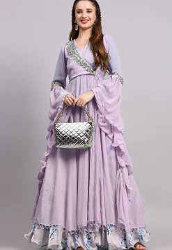 Block Printed Satin Georgette Lehenga in Light Purple