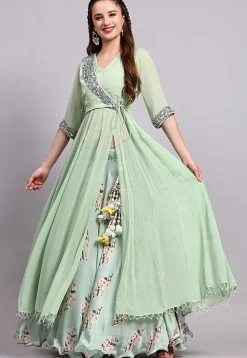 Block Printed Satin Georgette Lehenga in Sea Green