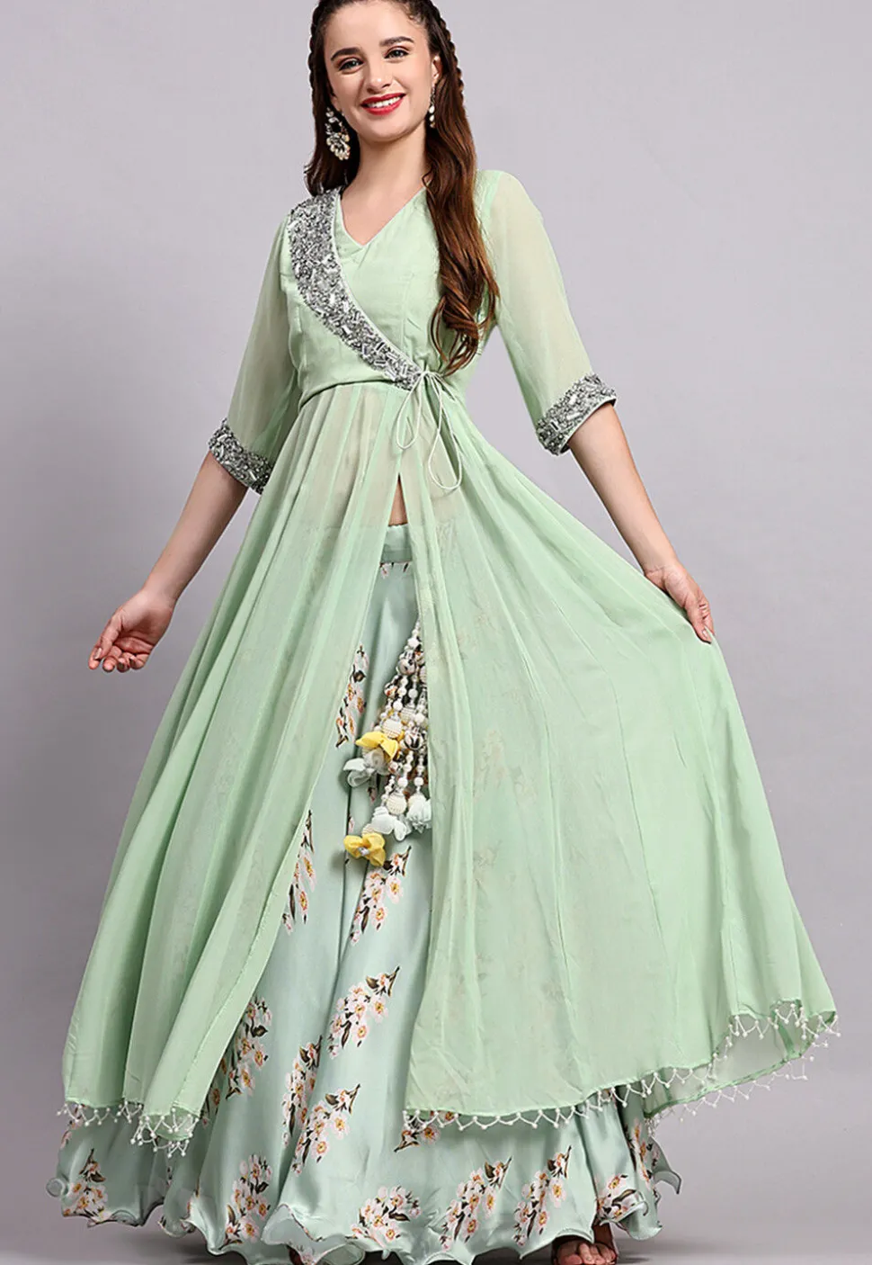 Block Printed Satin Georgette Lehenga in Sea Green