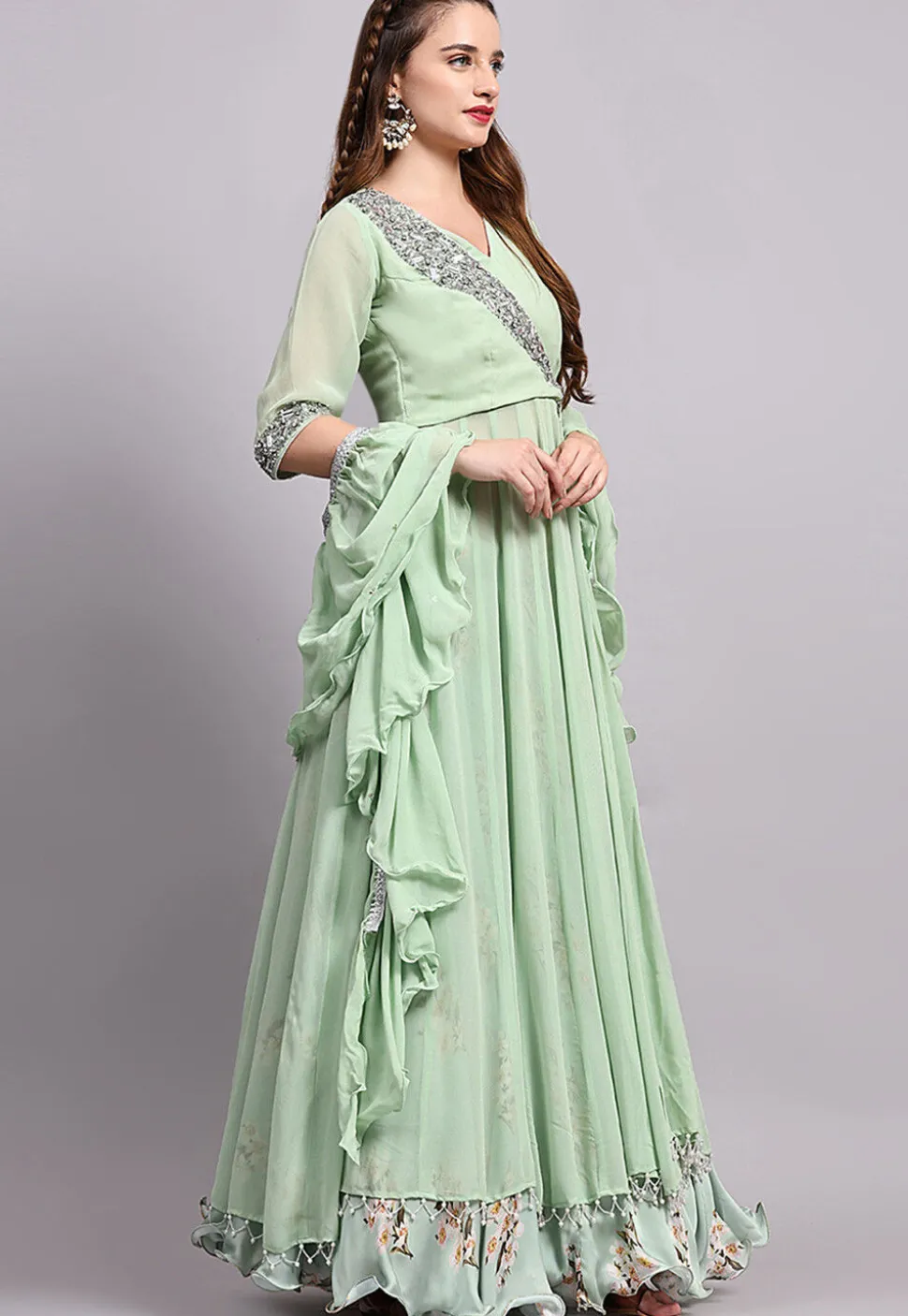 Block Printed Satin Georgette Lehenga in Sea Green