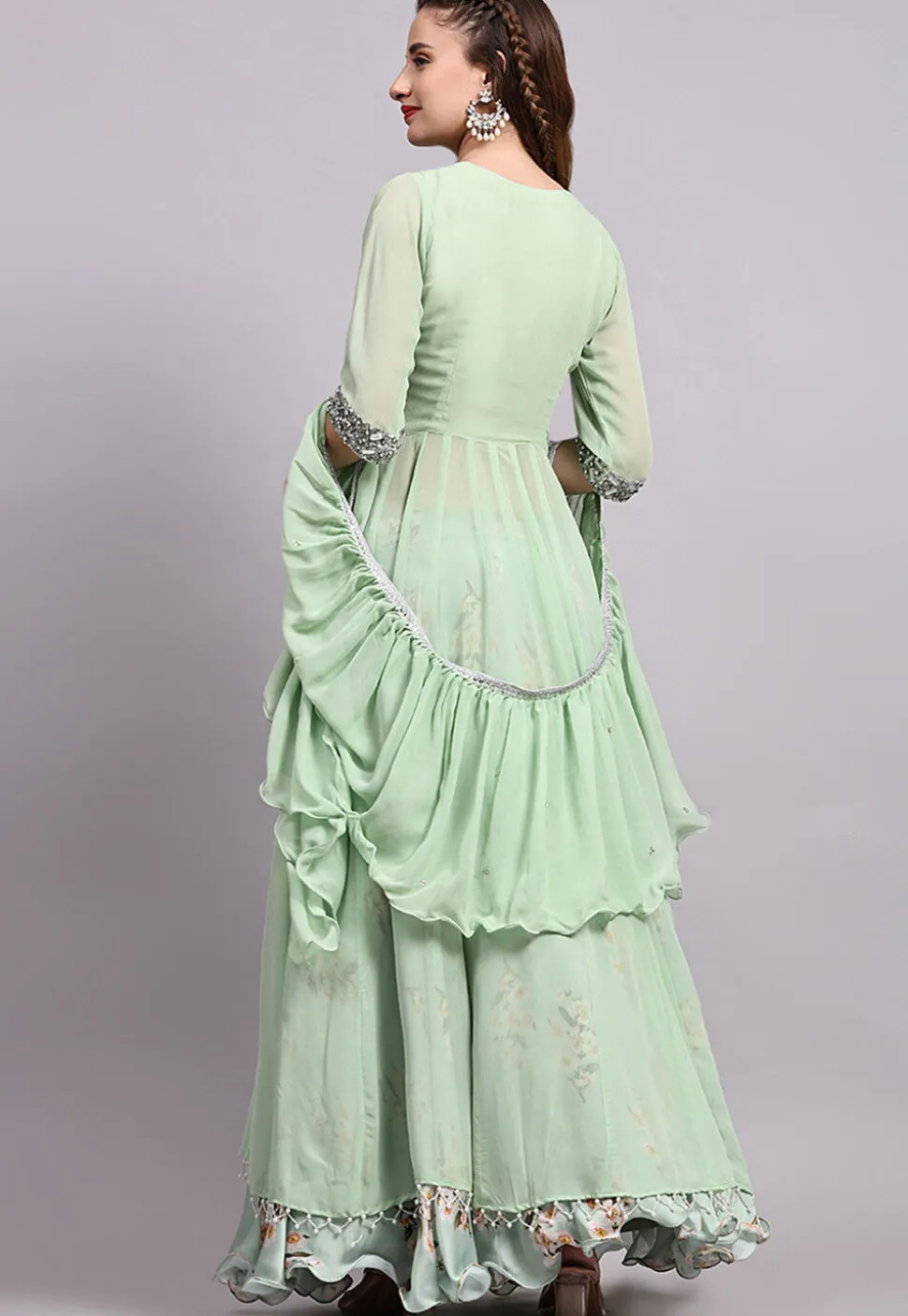 Block Printed Satin Georgette Lehenga in Sea Green