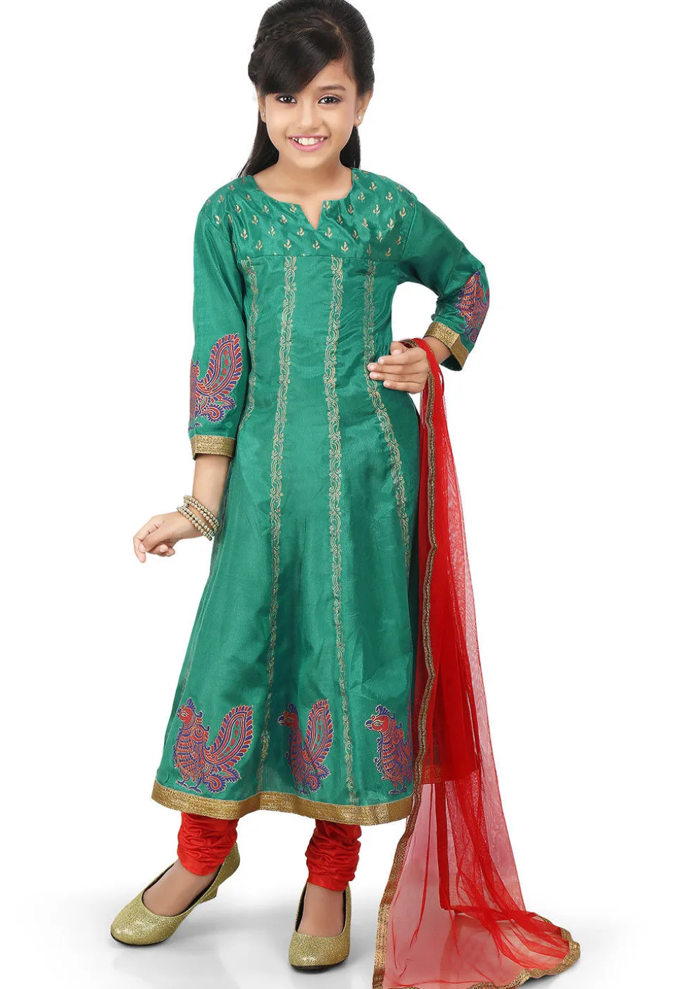 Block Printed Shantoon Anarkali Suit in Teal Green