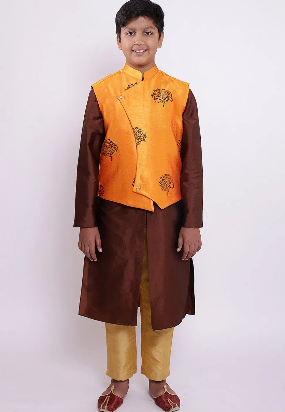 Block Printed Taffeta Silk Sherwani Set in Brown and Orange