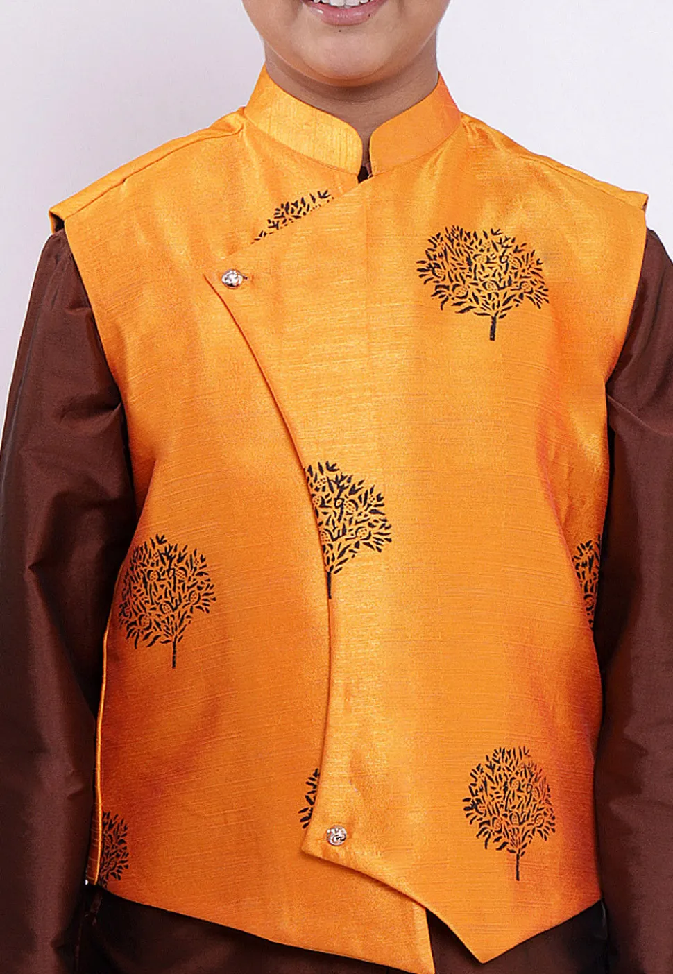 Block Printed Taffeta Silk Sherwani Set in Brown and Orange