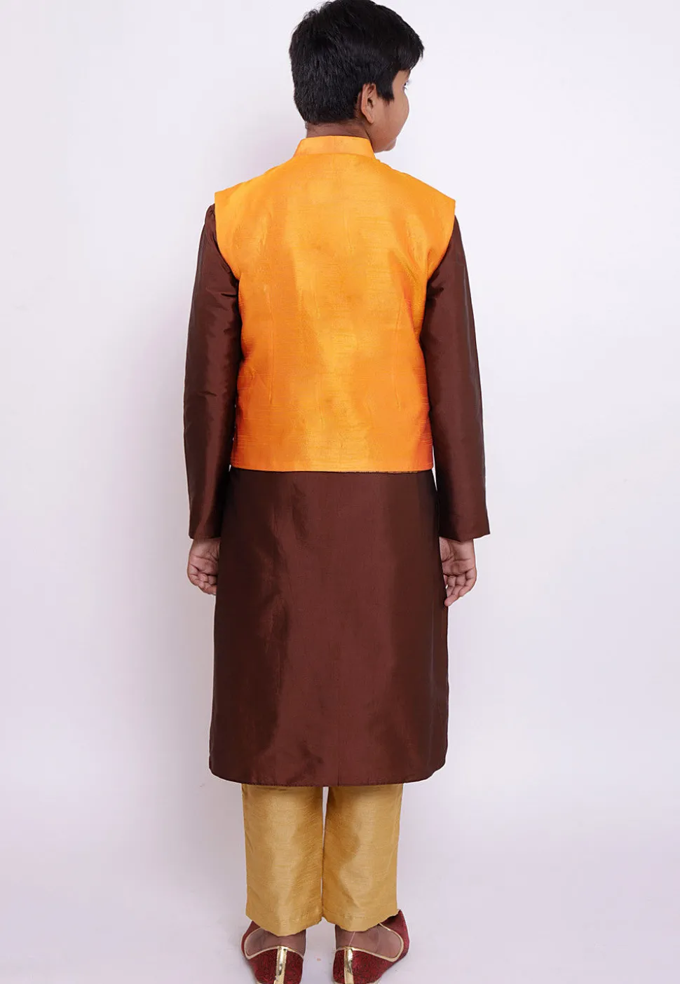 Block Printed Taffeta Silk Sherwani Set in Brown and Orange