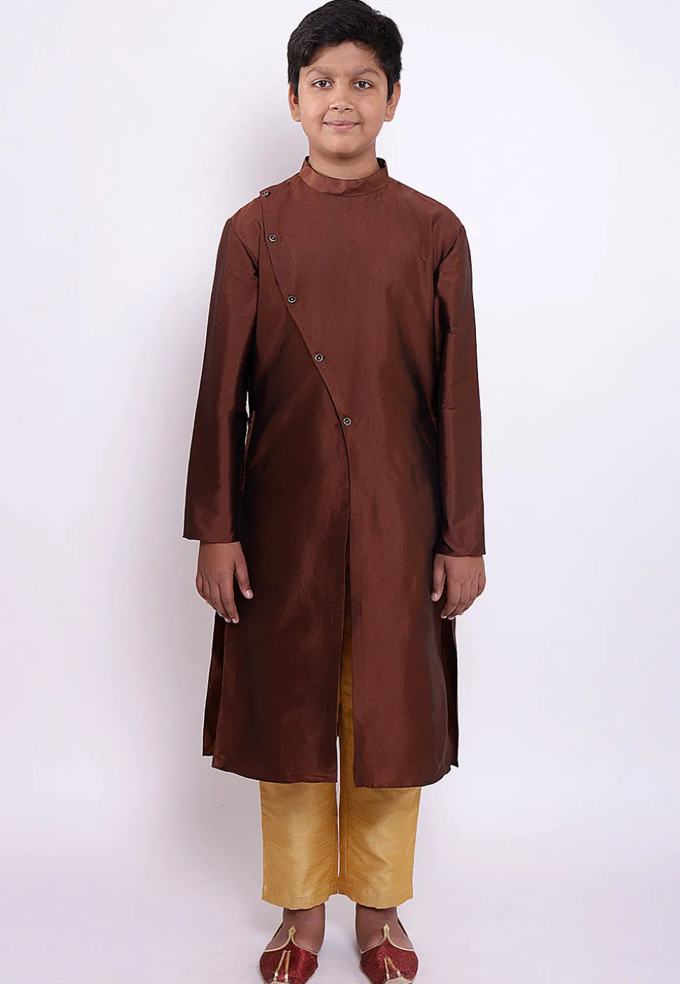 Block Printed Taffeta Silk Sherwani Set in Brown and Orange