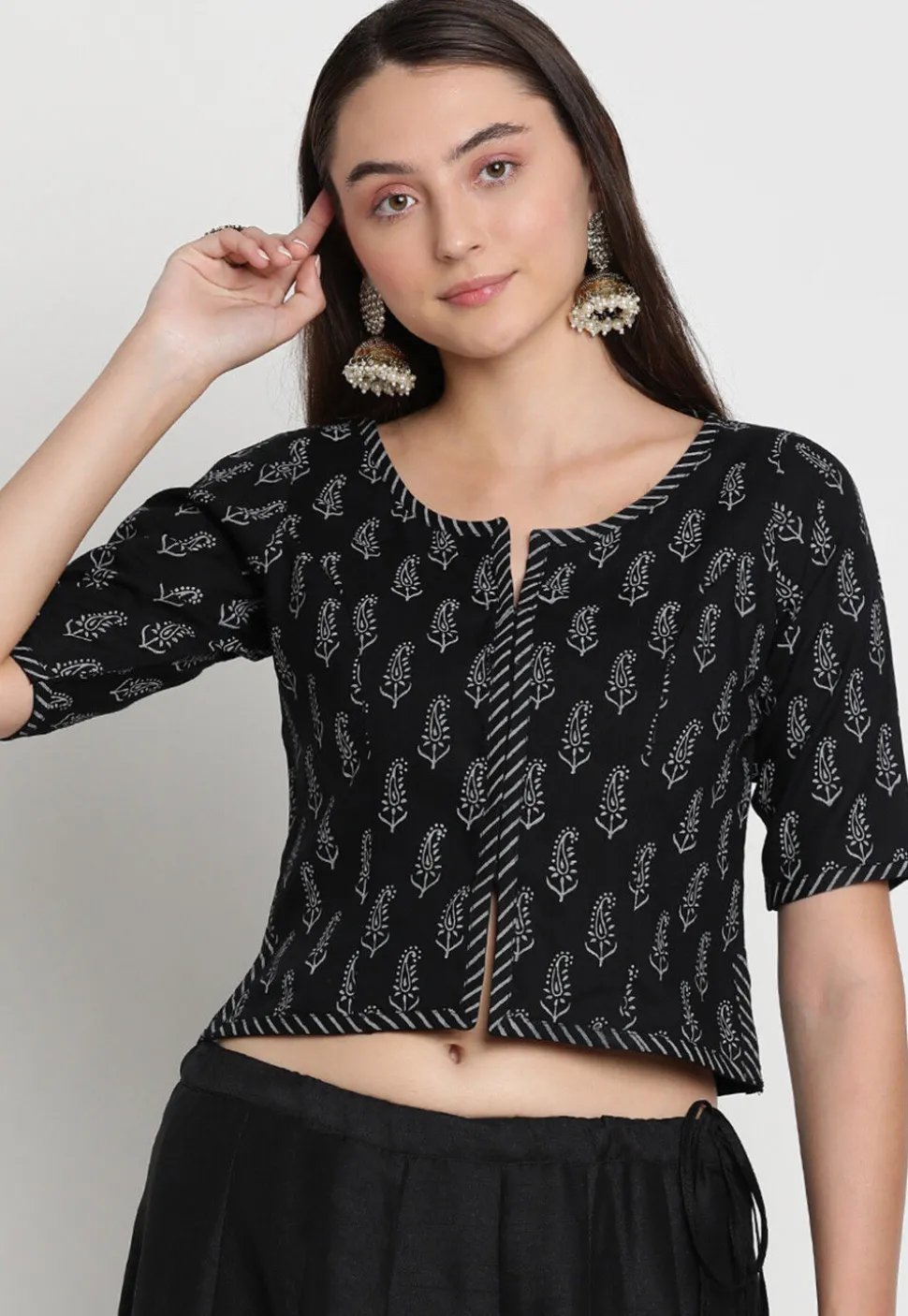 Block Printed Viscose Rayon Blouse in Black