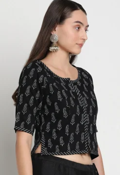 Block Printed Viscose Rayon Blouse in Black