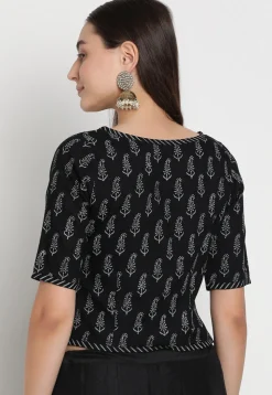 Block Printed Viscose Rayon Blouse in Black